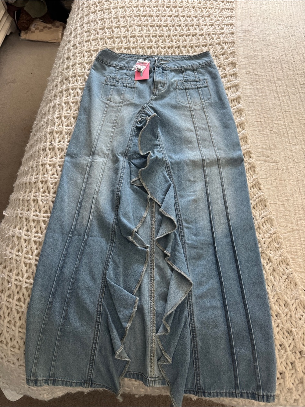 Edikted Light Blue Denim Maxi Skirt with Front Ruffle